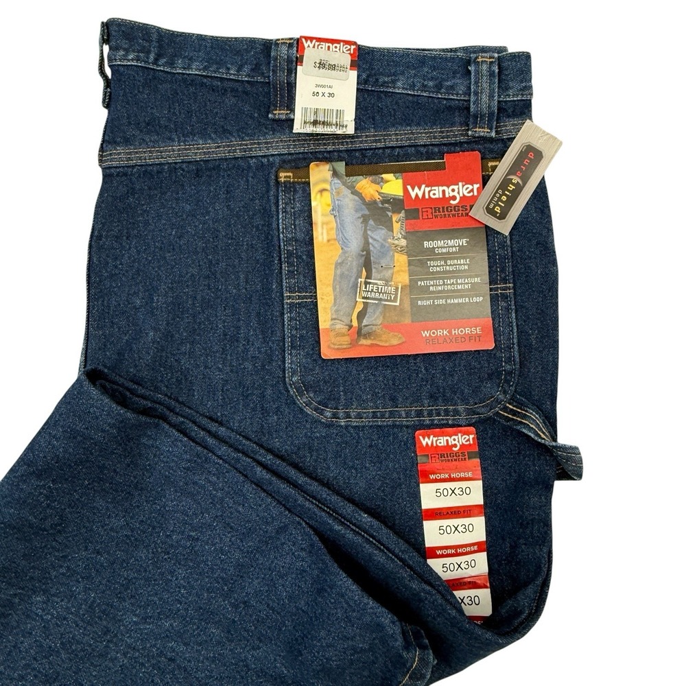 Wrangler Riggs Workwear Carpenter Relaxed Fit Blue Denim Jeans Men's 50x30 NEW